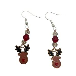 Reindeer Christmas Earrings Dangle Red Green Beaded Holiday Festive Jewelry